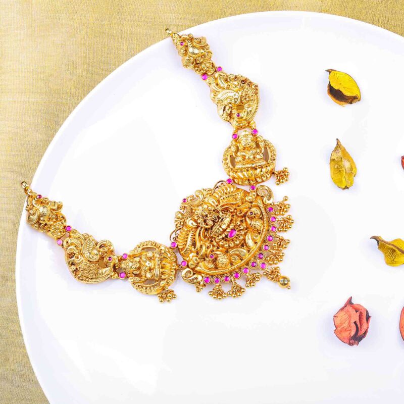 Gold Plated Silver Antique Deep Nagas Lakshmi Short Necklace