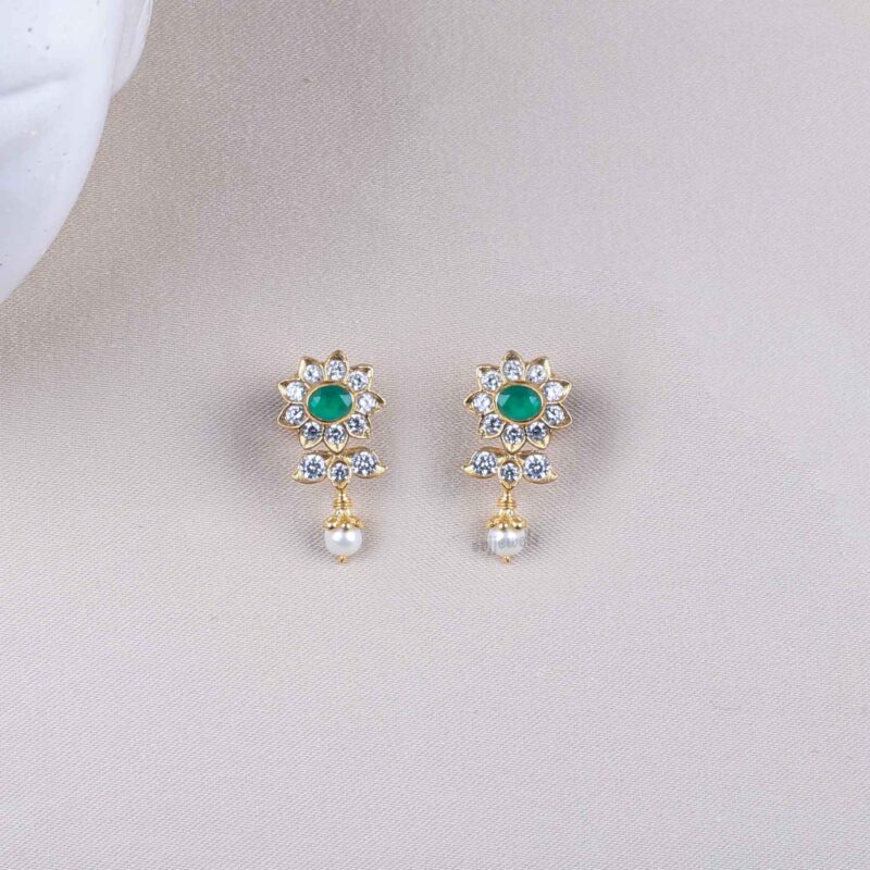 Gold plated silver emerald and cz stone earrings