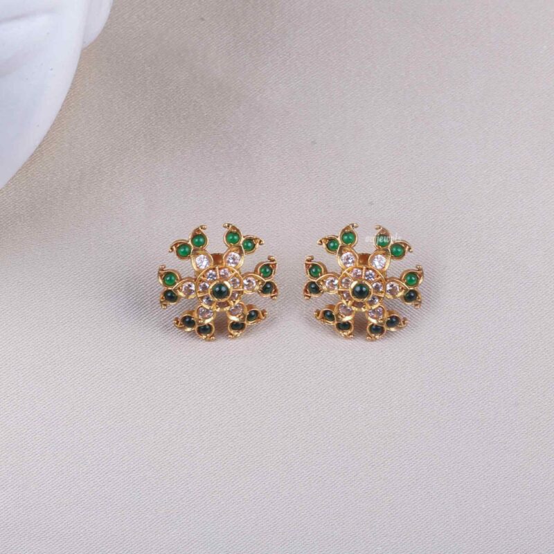 Gold plated silver floral emerald stud