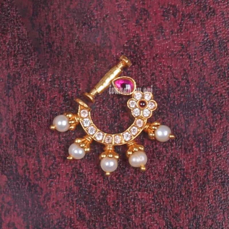 Gold plated  silver CZ stone and pearls Nosepin