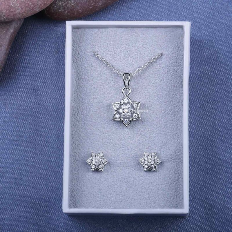 Silver swarovski floral chain pendant set