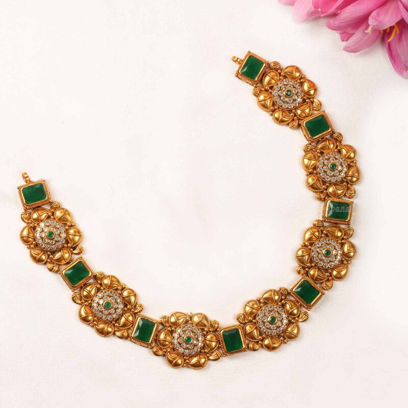 Gold Plated Silver Antique  Emerald Short Necklace