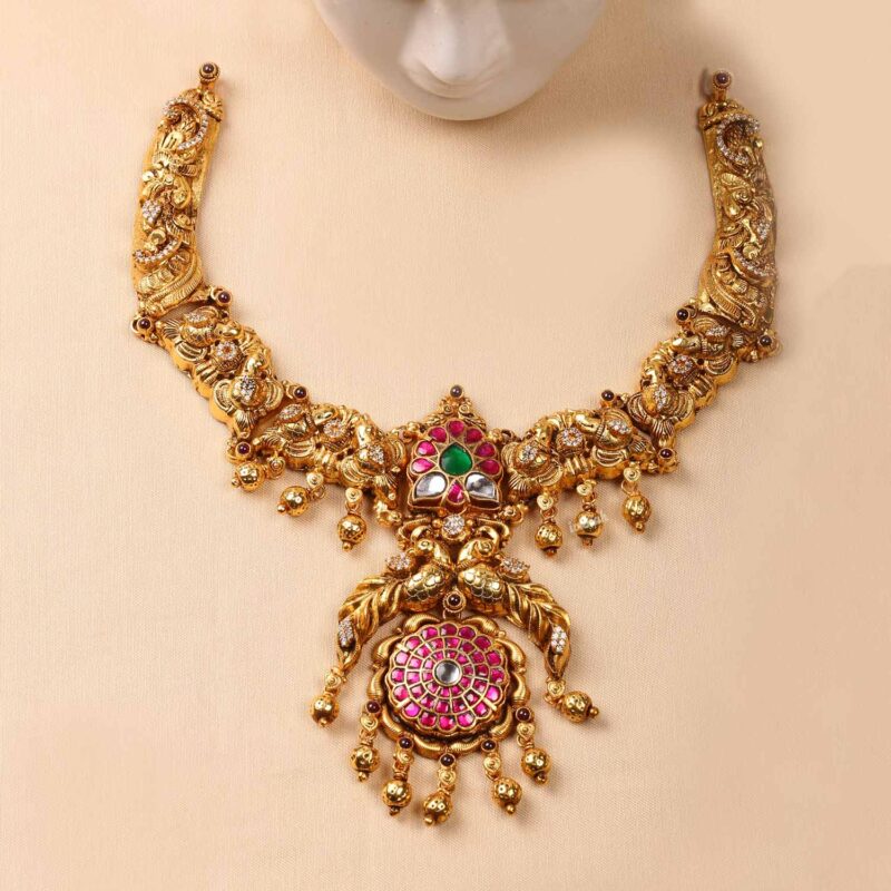 Gold Plated Silver Antique Peacock Kundan Short Necklace
