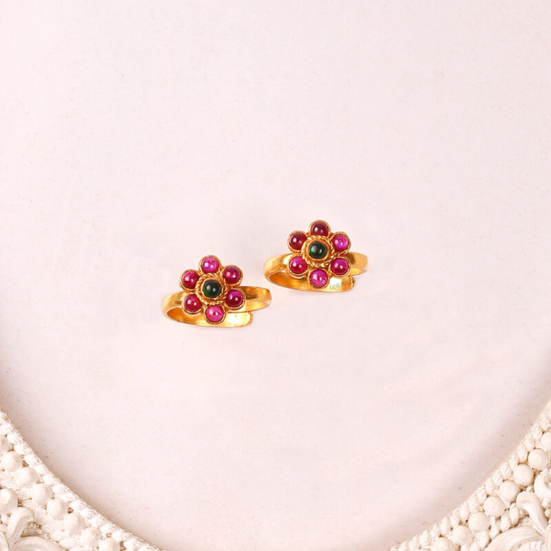 Gold plated silver ruby flower Toe Ring