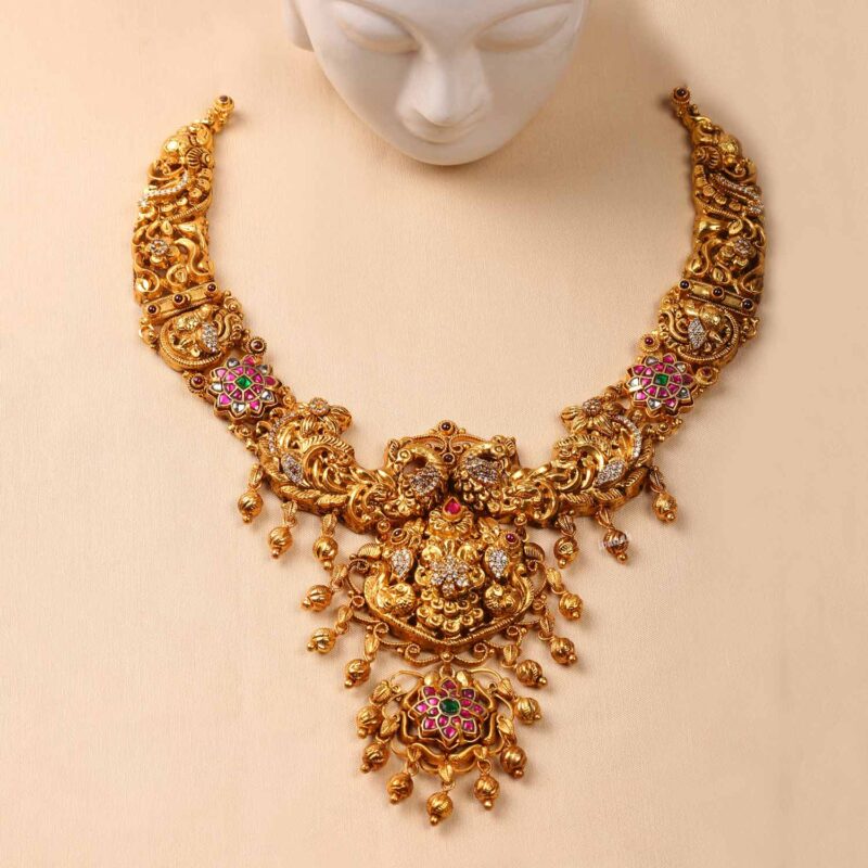 Gold Plated Silver Antique Peacock Kundan Short Necklace