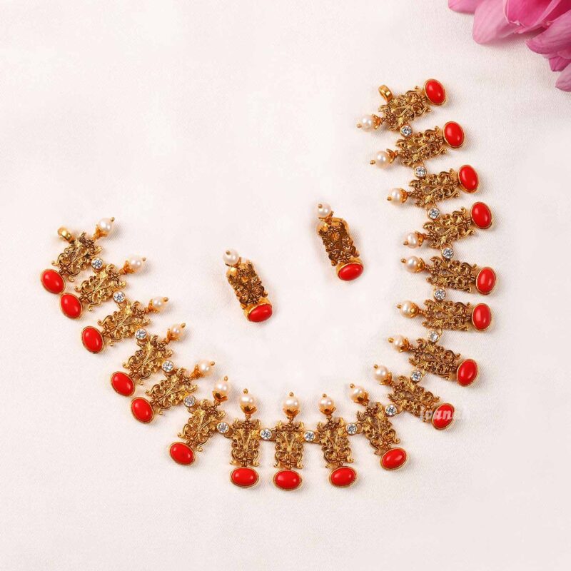 Gold Plated Silver Antique coral Short necklace