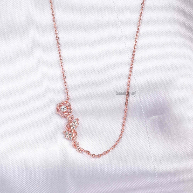 Silver Rose Gold Chain with Minimal Zircon Rose Pendant