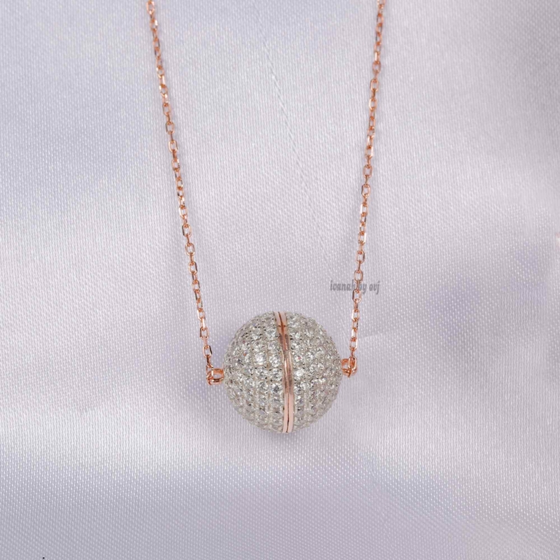 Silver Rose Gold Chain with Minimal Stones Ball Pendant