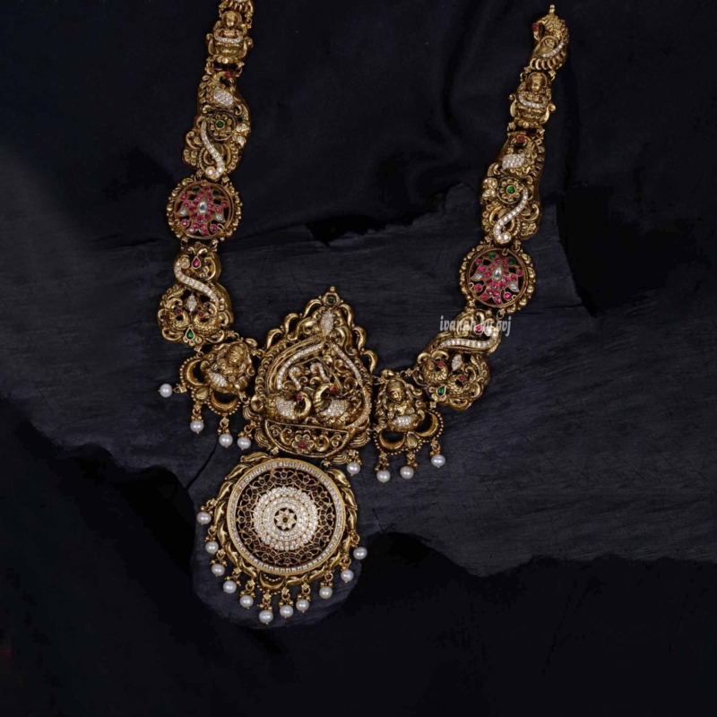 Gold plated silver peacock bridal long necklace