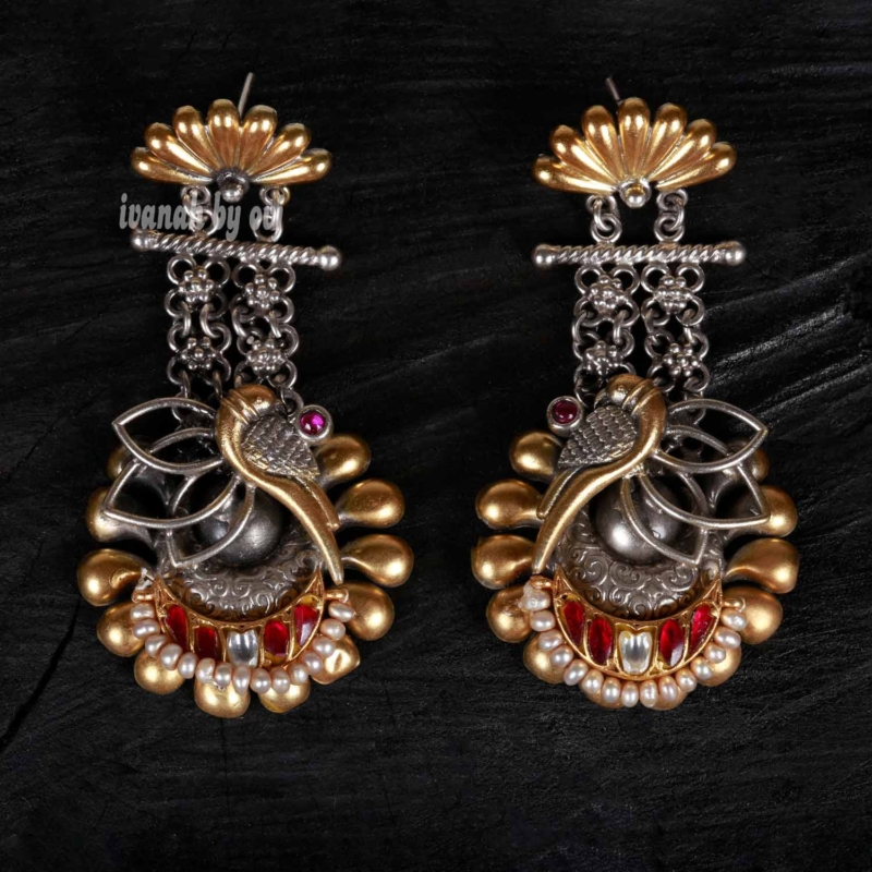 Oxidised Dual Peacock Earring
