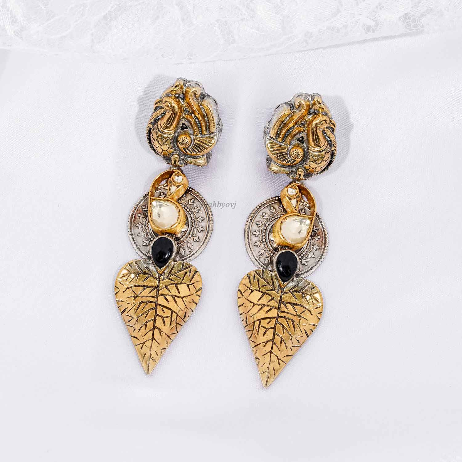 peacock leaf dual tone earrings